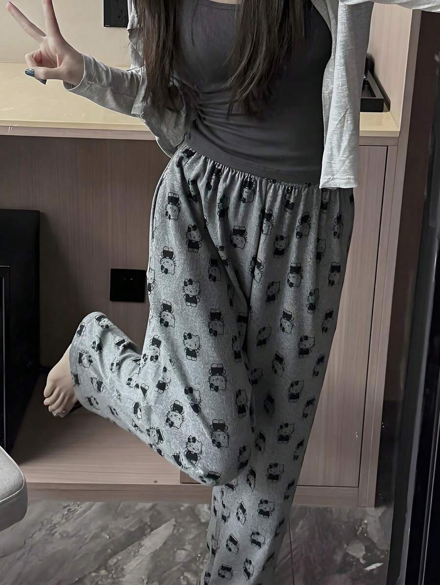 Sanrio Calça Longa Confortável e Larga com Estampa da Hello Kitty, Roupa de Estar em Casa/Calça de Pijama, Adequada para Todas as Estações, Outono