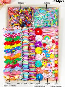 280/864/874/879/914件/套 超可爱多彩发饰套装，包含发圈、花朵发夹、蝴蝶结发夹、可爱动物和字母发夹，适合女孩和女士，满足甜美、休闲或各种造型的发型需求，日常佩戴必备，四季皆宜，头部饰品 - 彩色 - 查看 20