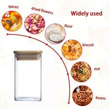 8-Ounce Square Glass Spice Storage Jar With Bamboo Sealing Lid - Food Storage Container, Pre-Filled Waterproof Minimalist Label - For Kitchen Storage, Spices, Herbs, Salt Jar. - Trong sáng - Xem 5