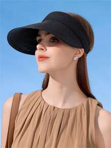 1pc Women's Straw Sun Hat, Foldable Ponytail Beach Hat, Suitable For Ladies Travel In Summer - A - View 8