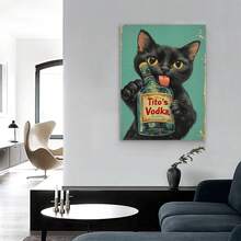 Framed Funny Cat With Vodka Art - Black Cat Holding Tito's Vodka Bottle, Whimsical Retro Style Poster, Unique Wall Decor For Home, Bar, Cat Lovers High Quality Posters, HD Pictures, Holiday Gifts - Đã đóng khung - Xem 2
