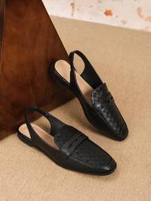 2025 Autumn Women's Flat Square Toe Woven Elegant Preppy Style Mule Shoes, Versatile And Comfortable Slip-On Backless Loafers - Black - View 5