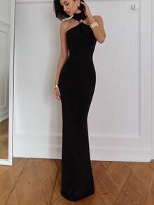 Black High Neck Sleeveless Fitted Long Party Dress, Elegant & Unique, Suitable For Winter Wedding - Black - View 7