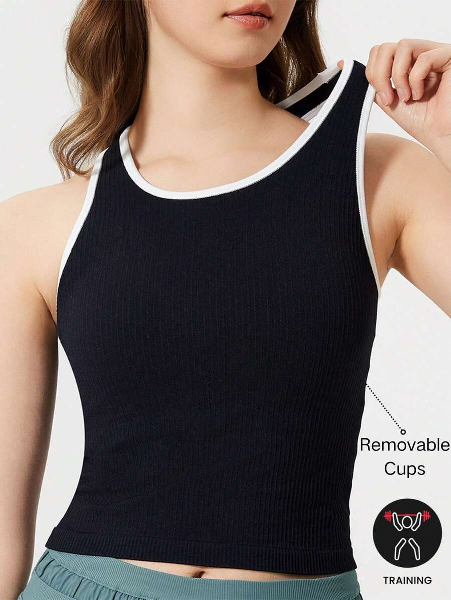 Slim Fit Top,Women's Summer Ribbed Knit Sports Tank Top - Black - View 1