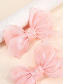 2pcs Pink Mesh Hair Bows For Girls Flower Pattern Ribbon Bow Hair Clips Sweet Princess Alligator Clips Hairpins Daily Barrettes Kids Baby Hair Accessories - Pink - View 4