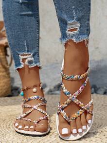 2025 New European And American Woven Comfortable Round Toe Open Toe Sandals, Women's Outdoor Walking Holiday Beach Sandals - Color - View 5