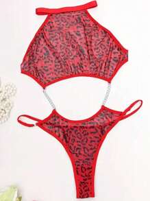 Women's Red Leopard Print,Cheetah Print,Show Waist,Metal Chain Splicing,Tie Back,Backless,Club Outfits Women Sexy,Women Sexy Club Outfits,Sexy Halterneck Bodysuit