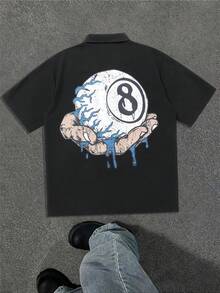 男士夏季短袖 Polo 衫，时尚休闲衬衫，手握破裂 8 号球图案，休闲印花，简约设计，适合日常穿着，纽扣式男士衬衫，街头图案衬衫，街头服饰
