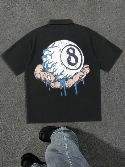 男士夏季短袖 Polo 衫，时尚休闲衬衫，手握破裂 8 号球图案，休闲印花，简约设计，适合日常穿着，纽扣式男士衬衫，街头图案衬衫，街头服饰