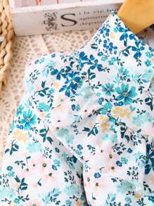 Young Girl Floral Print Mesh Long Sleeve Dress With Waist Belt