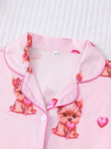 Conjunto de pijama de 2 piezas para niña, con cárdigan de manga corta para verano y pantalón corto con estampado adorable de perrito con forma de corazón, ropa de estar en casa ligera