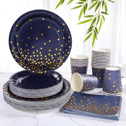 96pcs/Set Gold Foil Birthday Party Supplies, Includes 7/9 Inch Gold On Navy Blue Disposable Paper Plates, Cups, Napkins, Suitable For Birthday, Wedding, Party