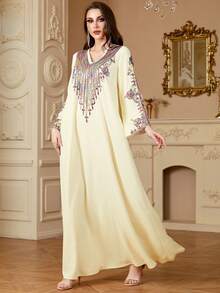 Women's Elegant Embroidered Patchwork V-Neck Long Sleeve Arabic Style Dress, Modest Kaftan - Apricot - View 6