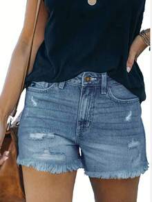 Women's Casual High Waisted Denim Shorts Frayed Raw Hem Stretch Ripped Jean Shorts - 藍色 - 查看 1