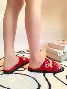 carewill 1 par de sandalias casuales de estilo retro de unicolor para exteriores, zapatos de playa de moda, de piel de PU con cierre deslizante, color rojo - Rojo - Ver 4