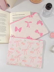 1Piece Large Capacity Floral Cosmetic Bag With Pink Zipper Portabel Quilted Floral Handheld Cosmetic Bag Makeup Bag Bowknot Pattern Travel Skin Care Storage Bag Dourable Cherry Pattern Cosmetic Pouch Make Up Organizer Toiletry Bag - Multicolor - View 3