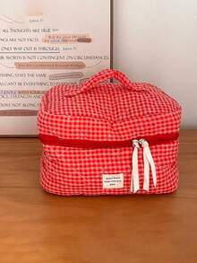 Cranberry Red Plaid Portable Toiletry Makeup Bag, Soft Cloth Surface Storage Bag For Home And Travel, Women's Handbag Toiletry Bags Summer Travel Essentials For Beach Vacation Holiday School Supplies Dorm Essentials Back To School - Multicolor - View 5