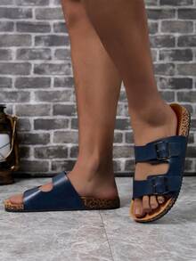 Women's Blue Adjustable Double Buckle Soft Cork Sandals, Open Toe Slides With Arch Support, Comfortable Beach Shoes For Casual, Vacation, Pool And Daily Wear - Navy Blue - View 7