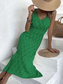 女士休闲V领纯色钩针开衩连衣裙，全白夏季款，奶油黄返校秋季款，优雅长裙派对款，秋冬季款（图案随机）