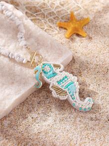1 Stück handgemachte boho-Stil Halskette mit Naturstein Perle, Stoff Kaktus & Seepferdchen Anhänger, geeignet für Damen Strand Urlaub, Lässig Alltag, Reisegeschenk für Familie und Freunde. Handgefertigt, leichte Abweichungen in Form, Zubehörmenge und Farbe können auftreten.