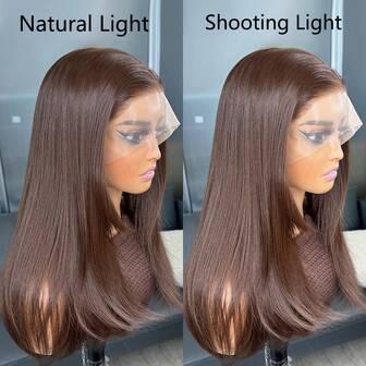 Chocolate Brown 13x4 Synthetic Lace Front Wigs For Women 18 Inch Medium Long Wavy Curtain Bangs Glueless Kanekalon Hair Resistant Synthetic Hair Wigs Middle Part 150% Density Natural Hairline Glueless Wigs For Fashion Women Girls Party Vacation Show Makeup Use Daily Wear