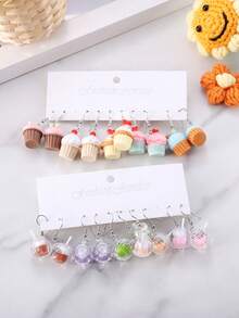 5 Paar süße 3D simulierte Bubble Tea, Kuchen, Eis Ohrhänger Set, Makrone farbiger realistischer Harz Süßigkeiten Snack Ohrringe für Frauen, Frühling/Sommer Accessoire, Party Gastgeschenk - Verschiedenfarbig - Übersicht 9