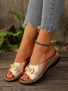 Elegant Women's Wedge Shaped Slippers And Sandals, Buckle Decoration Outdoor Sandals, Fashionable, Comfortable, Elegant, Casual, Beach, Wedge Shaped, Thick Soled Sandals, Plus Size - Champagne - View 6