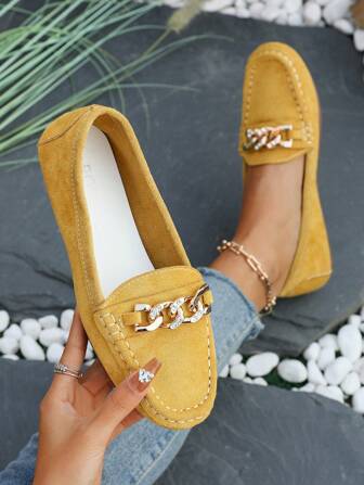 Women's Spring New Soft Leather Slip-On Loafers With Chain Decor, English Style Penny Loafers Flat Shoes