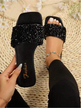 Women's Summer Sports Sandals/Slides Rhinestone Decor Peep Toe Flat Slip-On Mules, Simple & Comfortable