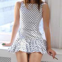 Women Summer Mini Dress Sleeveless Ruched Ruffle Layered Hem Bodycon Short Dress Slim Fitted Party Cocktail Dress Plaid/Polka Dots Print Crew Neck Casual Sundress - Putih - View 6