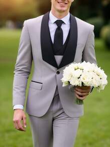 Furuyal Men's Suits Gentleman Solid Slim Fit Business 3 PiecesSuit For Men Blazer Double Breasted Vest Pants Set Party Wedding Prom Light Gray Size XS-3XL