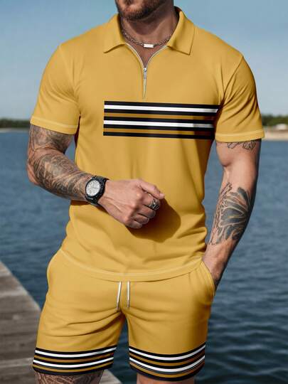 Bộ áo thun polo sọc tương phản tay ngắn có khóa kéo và quần short cho nam