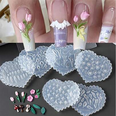 1PC Spring Flower Silicone Nail Mold, Tulip, Orchid And Leaf Pattern, Flower, Star, Mushroom Heart-Shaped Silicone Nail Mold - Suitable For UV Gel Resin Decoration, DIY Salon Quality Nail Products, DIY Nail Decoration Hand Tools, Carving Mold, Gel Printing Template, Nail Carving, 6 Different Styles To Choose From