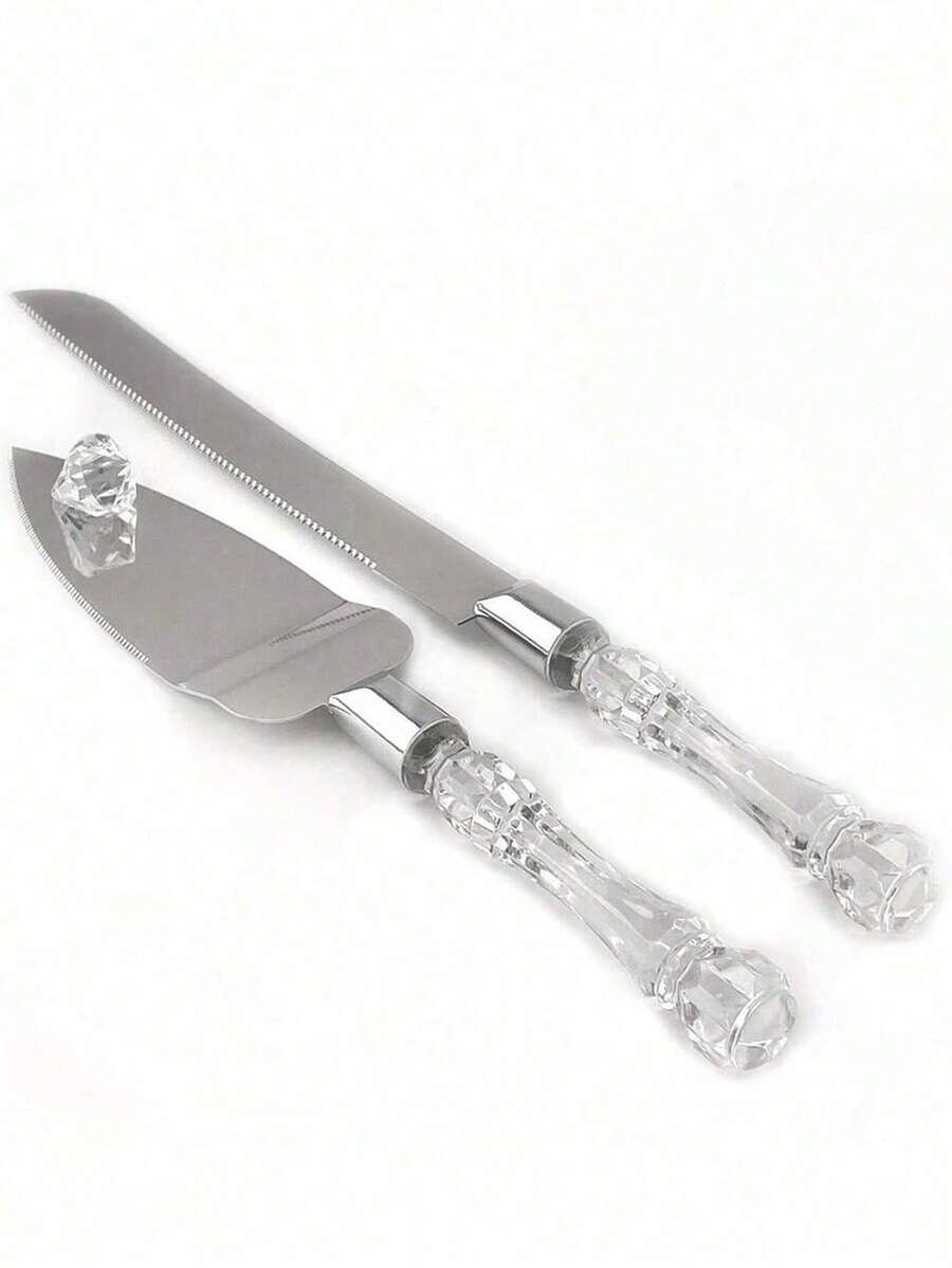 2Pcs/Set Wedding Cake Cutting Set, Including (12.2in) Stainless Steel Blade Cake Knife And Bread Shovel, Silver Color With Acrylic Faux Crystal Handle, Perfect For Wedding, Bridal Shower, Anniversary, Housewarming And Birthday Gifts - Multicolor - View 1