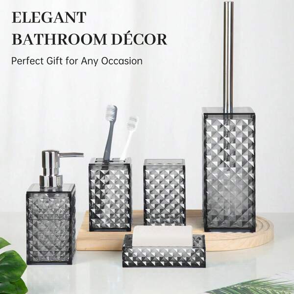 Bathroom Accessory Set, Grid Pattern 5 Pcs Plastic Bathroom Set Include Toilet Bursh, Soap Dispenser, Soap Dish, Toothbrush Holder, Mousewash Cup, Modern Bahtroom Decor Set