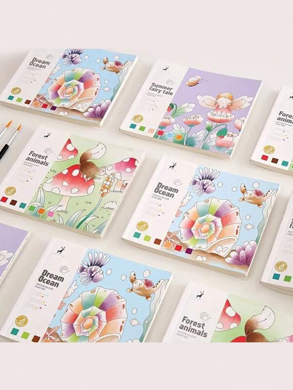 20pcs Water Color Painting Book With Brushes, Forest Animals & Vintage Transportation Themes, Pre-Filled Watercolor Paper Sketchbook, 5.91"X5.12" Cartoon Illustration Coloring Book For Artistic Drawing & Creative Expression,Back To School