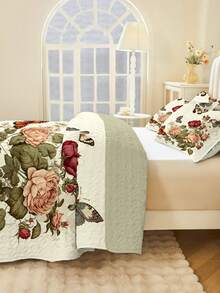 2/3件套床上用品（1个被套+1/2个枕套），数码印花，柔软舒适，时尚清新，适合酒店、卧室、宿舍，四季皆宜，牡丹与蝴蝶图案。 - 米色 - 查看 5