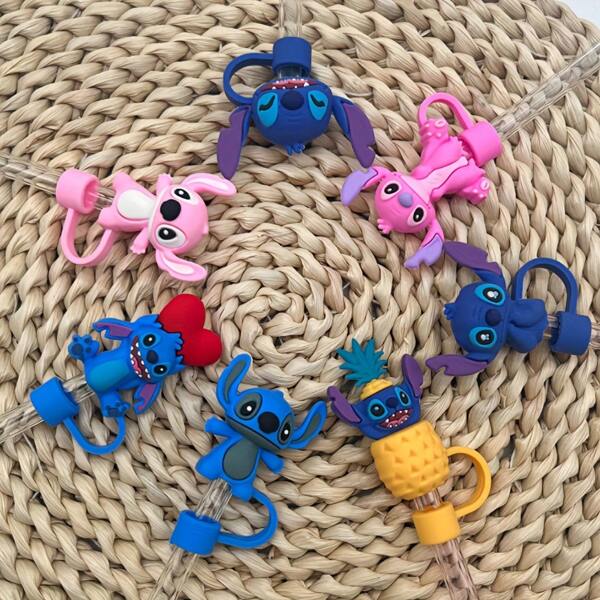 Disney 7pcs Stitch Series Straw Cap 10mm Straw Plug Dustproof Cartoon Three-Dimensional Straw Cover Straw Accessories Silicone Dust Cover Can Be Reused