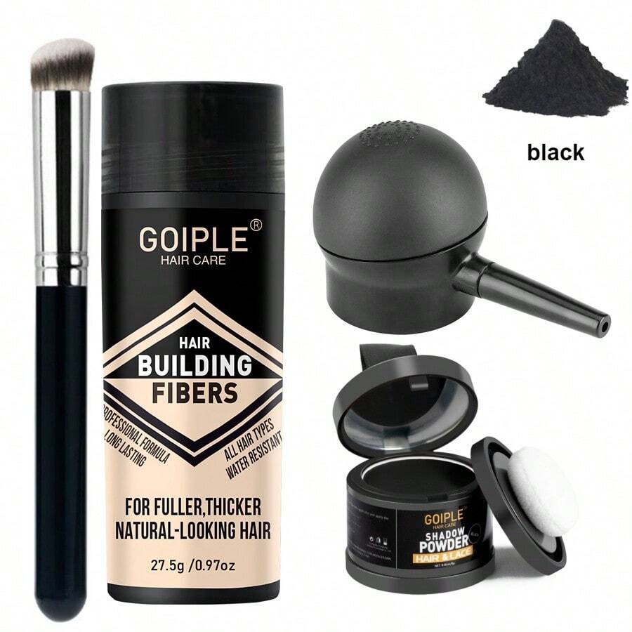 GOIPLE 27.5g Hair Fibers + Hairline Powder 4-Piece Set - Fills In Sparse Hair, Instantly Thickens Hair Volume - 5g Hairline Shadow Powder, Waterproof Root Cover Up, Lace Wig Repair Serum, For Filling In Sideburns, Mustache And Eyebrows, With Mirror And Sponge Applicator - Hairline Powder Brush And Fiber Spray Styling Tools - Fiber+Powder 4pcs - 查看 1
