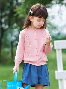 Young Girl Lightweight Bowknot Hollow Out Long Sleeve Cardigans, Versatile Casual Airy Air Conditioning Cover Up Sweater Jackets For Spring, Summer And Autumn - Pink - View 9