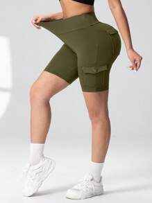 Pantaloncini cargo a vita alta da donna, controllo pancia, lunghezza interno gamba 12,7 cm, pantaloncini atletici da allenamento