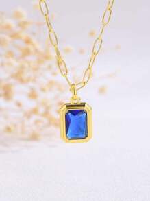 Elegant Gold Plated Alloy Synthetic Gemstone Crystal Square Pendant Geometric Cut Design Women's Pendent Necklaces For Daily & Party Occasions