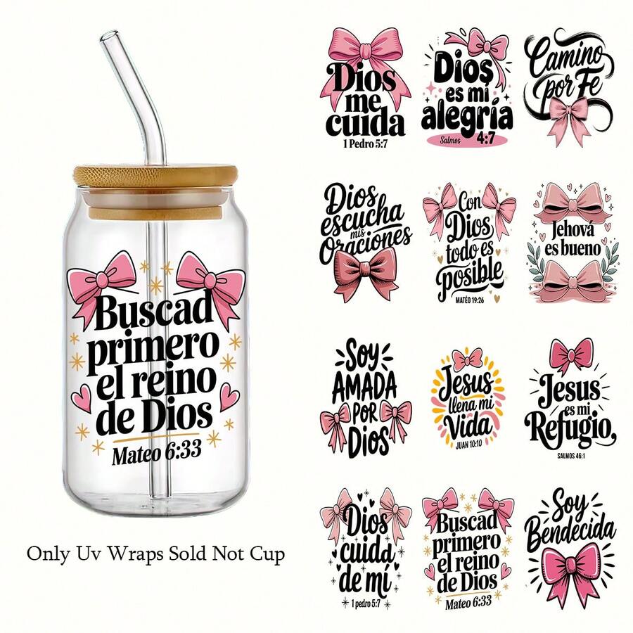 12PCS UV DTF Transfer Sticker Set - Christian Inspirational Bible Verses Themed For Glasses, Mugs & DIY Crafts, With Pink Bows Christian Phrases Design DIY Craft Transfer Paper | Elegant Transfer Paper Set | Glossy Finish - Multicolor - View 1