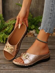 Elegant Women's Wedge Shaped Slippers And Sandals, Buckle Decoration Outdoor Sandals, Fashionable, Comfortable, Elegant, Casual, Beach, Wedge Shaped, Thick Soled Sandals, Plus Size - Champagne - View 3