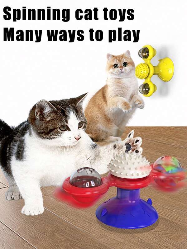 Juguete para gato con base de ventosa, rotación de molinete, tabla de rascado y cepillo, con 2 compartimientos transparentes para contener bolas luminosas, campanas y bolas de menta para atraer gatos/mascotas pequeñas. Mueva suavemente el molinete para que gire.
