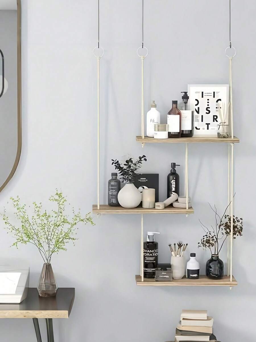 1pc 60.5cm三层波西米亚风壁饰收纳架植物架浮动架新波西米亚风房间装饰架木质搁板客厅壁挂绳饰架小花架卫浴用品收纳架实木收纳架植物收纳架花架房间收纳架挂钩木架