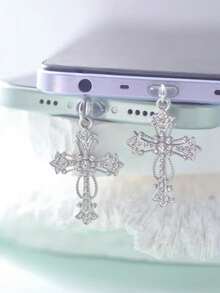 1pc Rhinestone Studded Gold/Silver Cross Shaped Phone Dust Plug, Compatible With Apple/Type-C Charging Port And Earphone Jack - Multicolor - View 4