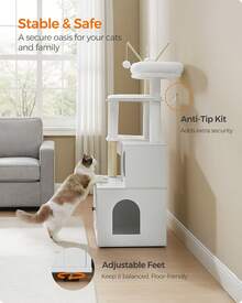 Cat Tree With Litter Box Enclosure, 2-In-1 Modern Cat Tower, 55.1-Inch Cat Condo With Scratching Posts, Removable Pompom Sticks, Cloud White - 雲白 - 查看 7