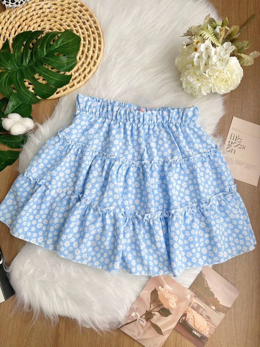 Girls Floral Print Skirts Dits Ruffle Hem SP033 - 藍色 - 查看 1