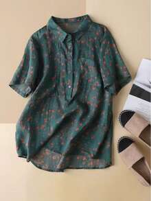 Slimming Stand Collar Linen Ditsy Floral Print Short Sleeve Shirt, Petite Stylish Linen Artistic Top - 綠色 - 查看 5